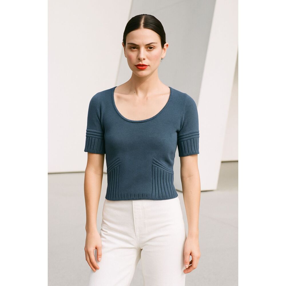 St.John Sport By Marie Gray Santana Knit Ribbed Short Sleeve Top in Blue S NWOT